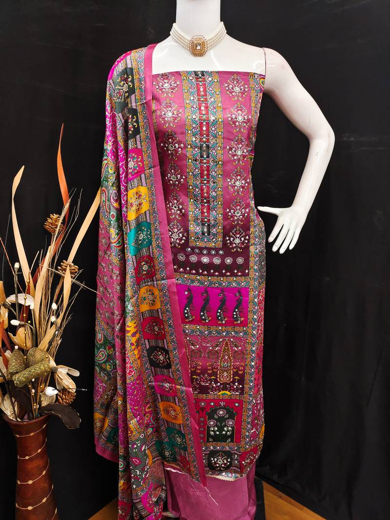 Pink chinon printed ethnic ceremonial suit