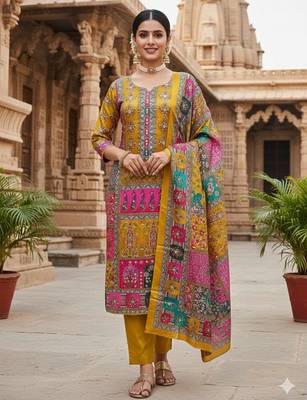 Mustard chinon printed ethnic ceremonial suit 1