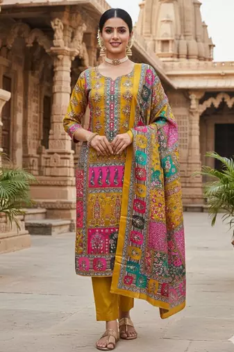 Mustard chinon printed ethnic ceremonial suit