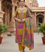 Mustard chinon printed ethnic ceremonial suit