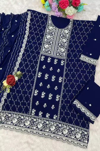 Blue georgette embroidered palazzo suit