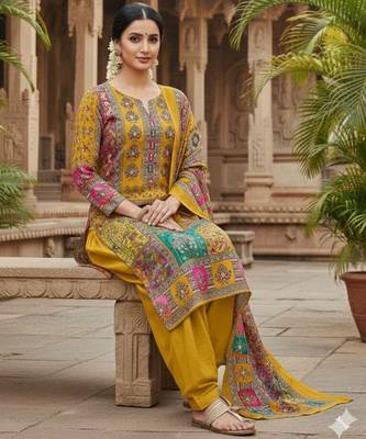 Mustard chinon printed ethnic ceremonial suit 2