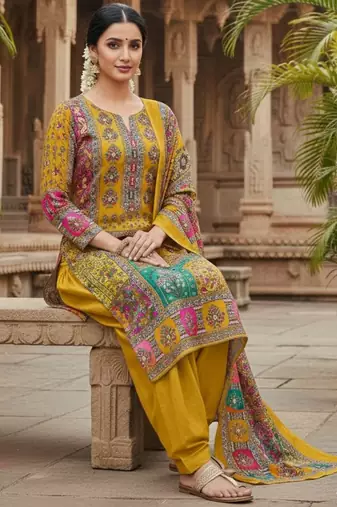 Mustard chinon printed ethnic ceremonial suit