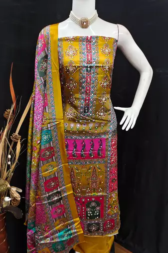 Mustard chinon printed ethnic ceremonial suit