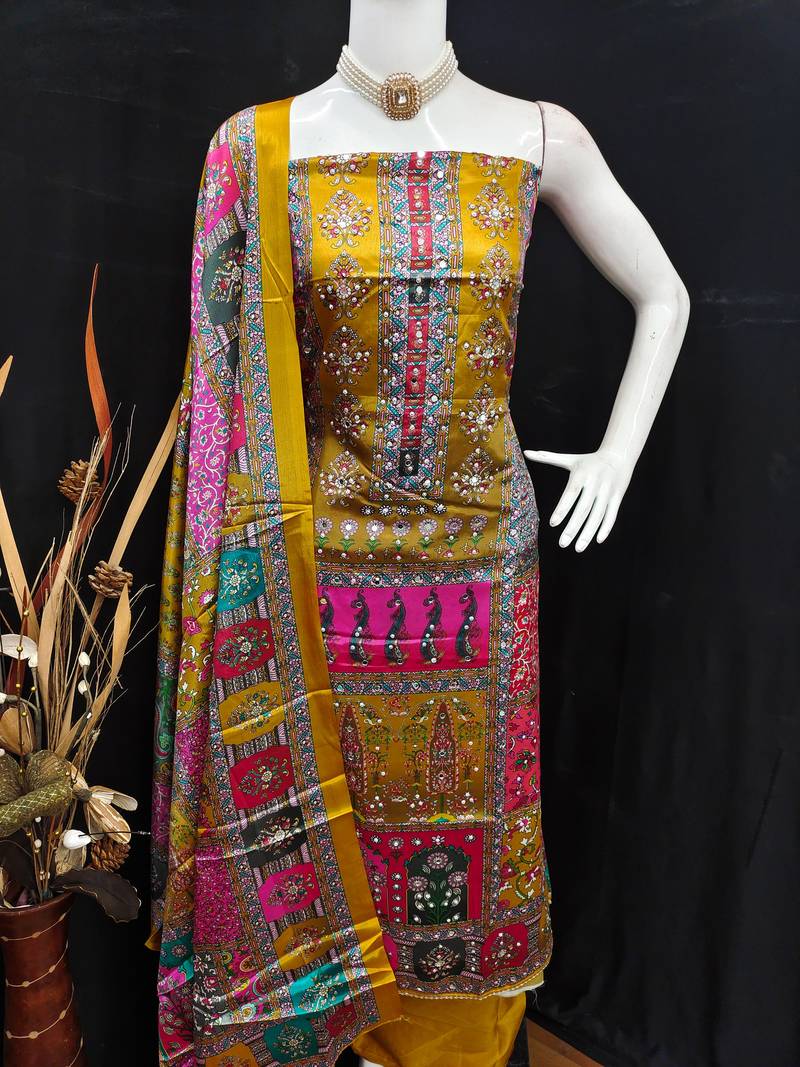Mustard chinon printed ethnic ceremonial suit