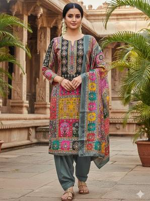 Grey chinon printed ethnic ceremonial suit 1
