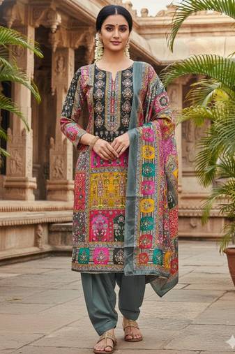 Grey chinon printed ethnic ceremonial suit