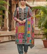 Grey chinon printed ethnic ceremonial suit