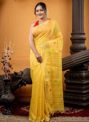 yellow hand woven linen zari work all seasons sarees 1