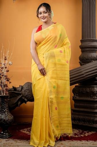 yellow hand woven linen zari work all seasons sarees