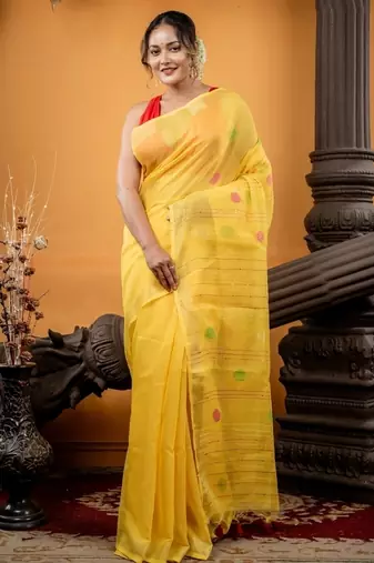 yellow hand woven linen zari work all seasons sarees