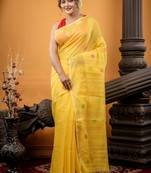 yellow hand woven linen zari work all seasons sarees