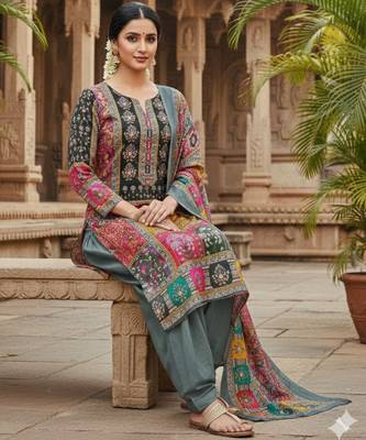 Grey chinon printed ethnic ceremonial suit 2