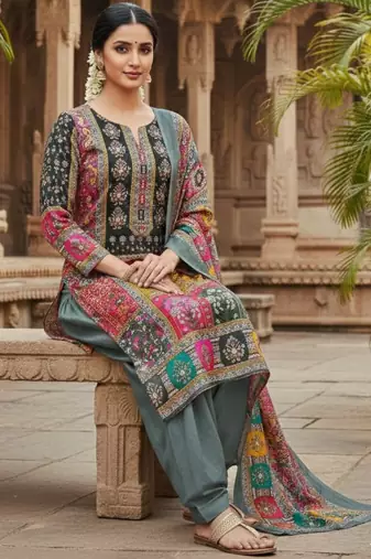 Grey chinon printed ethnic ceremonial suit