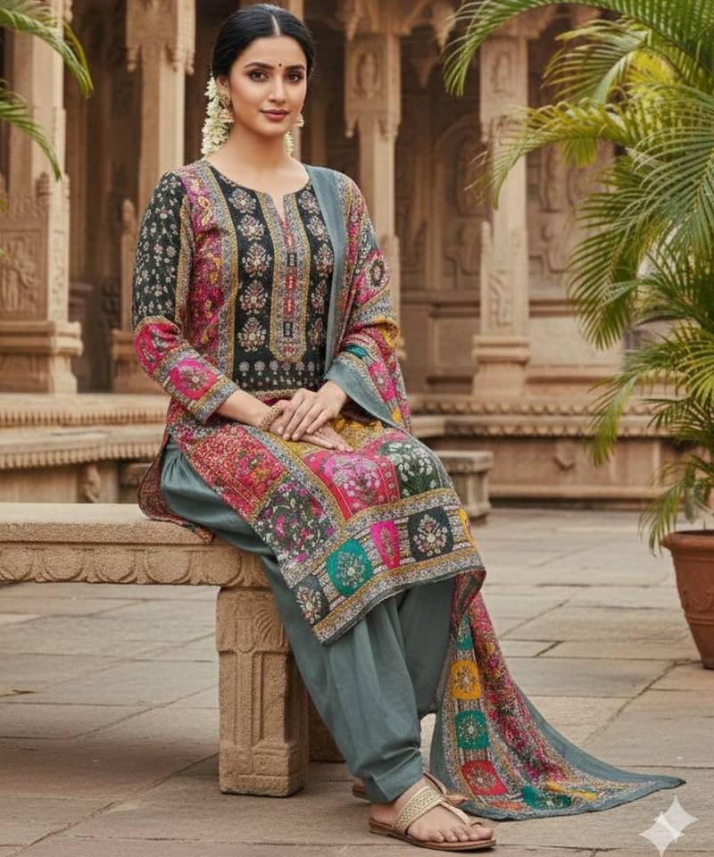 Grey chinon printed ethnic ceremonial suit