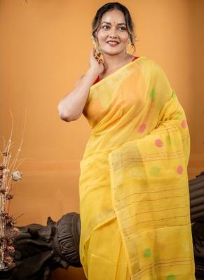 yellow hand woven linen zari work all seasons sarees 2