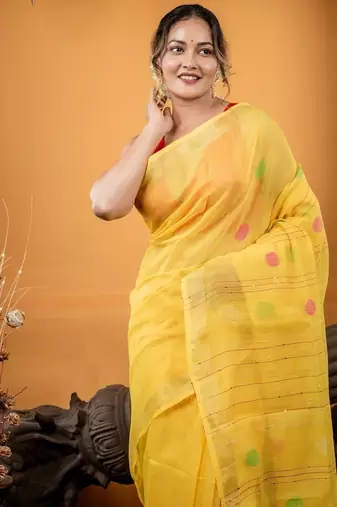 yellow hand woven linen zari work all seasons sarees