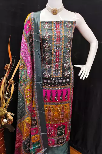 Grey chinon printed ethnic ceremonial suit