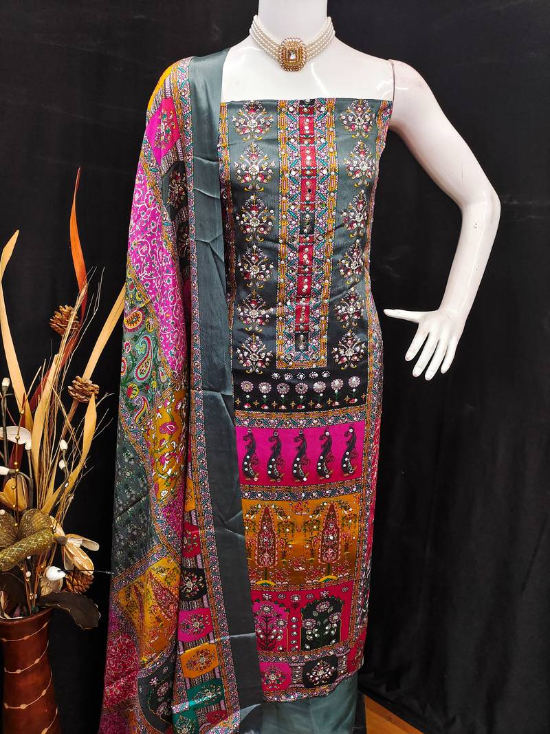 Grey chinon printed ethnic ceremonial suit