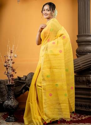 yellow hand woven linen zari work all seasons sarees 3