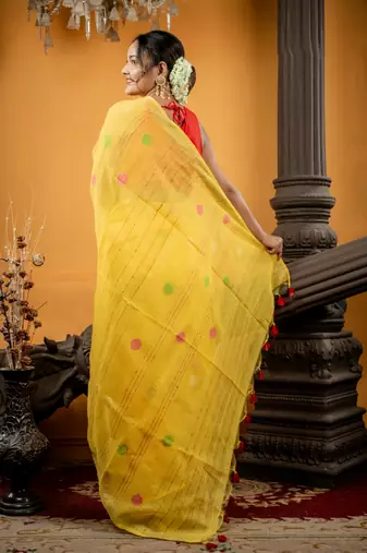 yellow hand woven linen zari work all seasons sarees