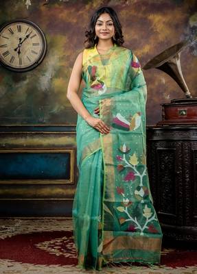 green hand woven silk blend cotton zari work all seasons sarees 1