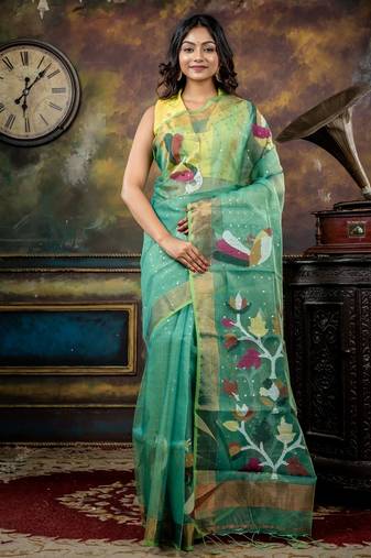 green hand woven silk blend cotton zari work all seasons sarees