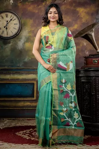 green hand woven silk blend cotton zari work all seasons sarees
