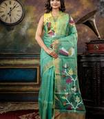 green hand woven silk blend cotton zari work all seasons sarees