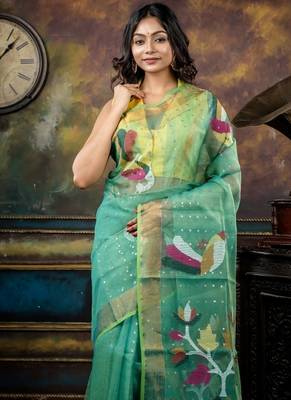 green hand woven silk blend cotton zari work all seasons sarees 2
