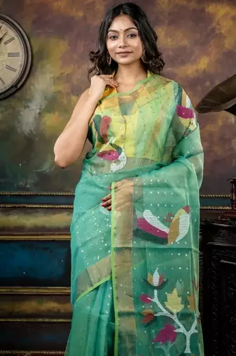 green hand woven silk blend cotton zari work all seasons sarees