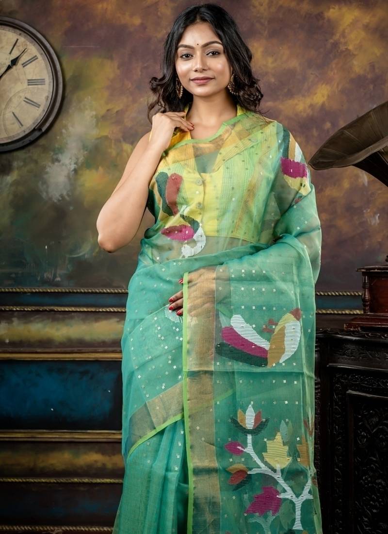 green hand woven silk blend cotton zari work all seasons sarees
