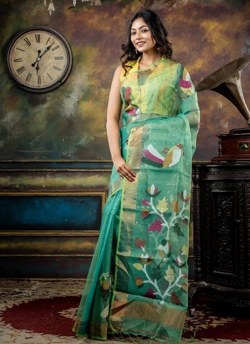 green hand woven silk blend cotton zari work all seasons sarees