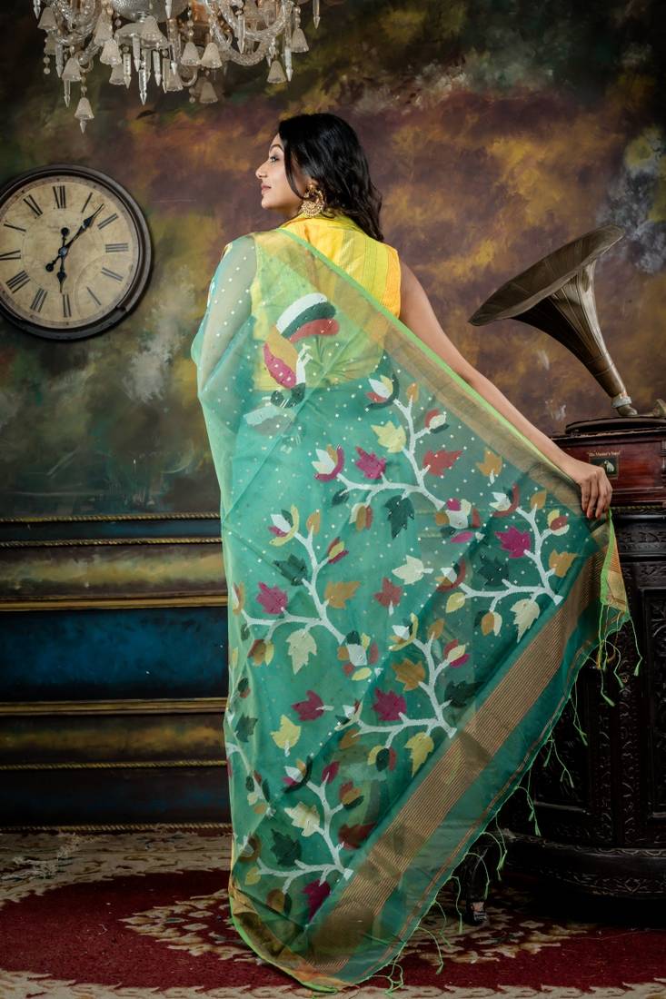 green hand woven silk blend cotton zari work all seasons sarees