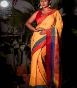 yellow hand woven cotton bengal handloom all seasons sarees