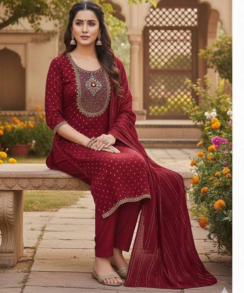 Maroon modal buti woven partywear sawlar kameez