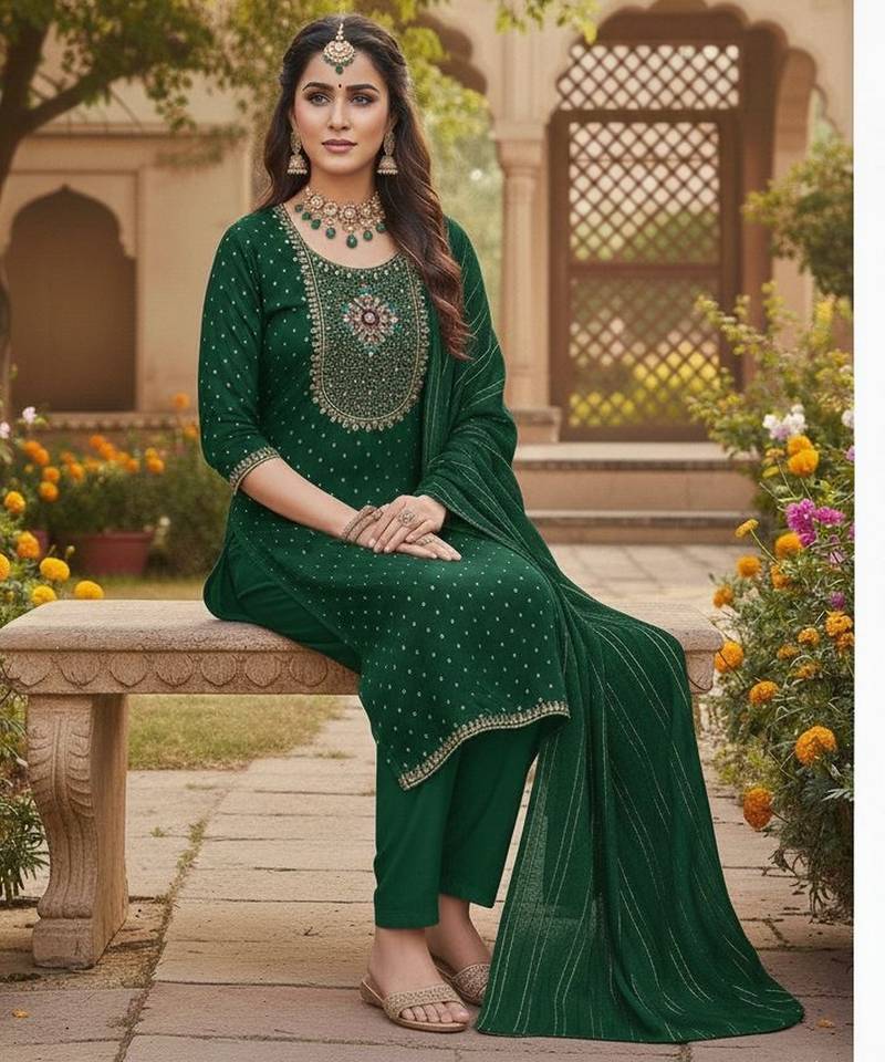 Green modal buti woven partywear sawlar kameez
