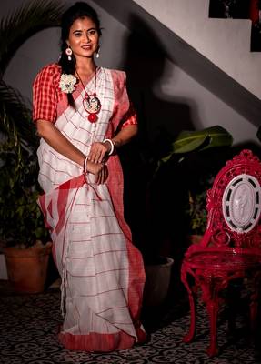white hand woven cotton kantha work all seasons sarees 1