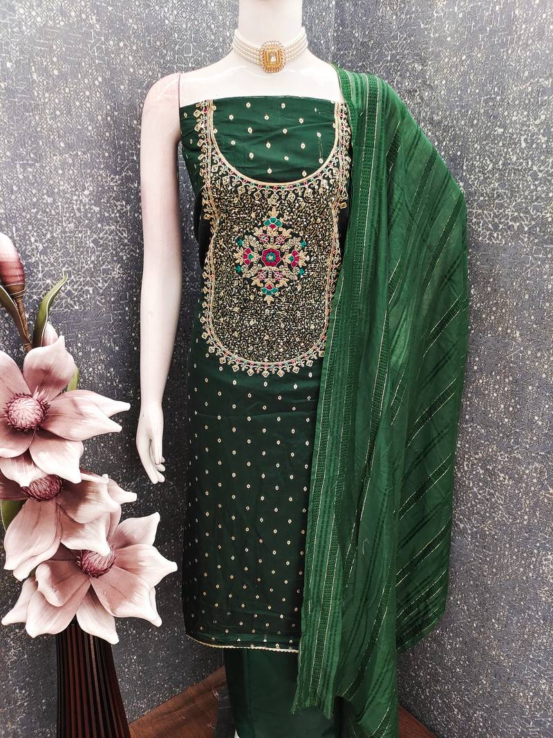 Green modal buti woven partywear sawlar kameez
