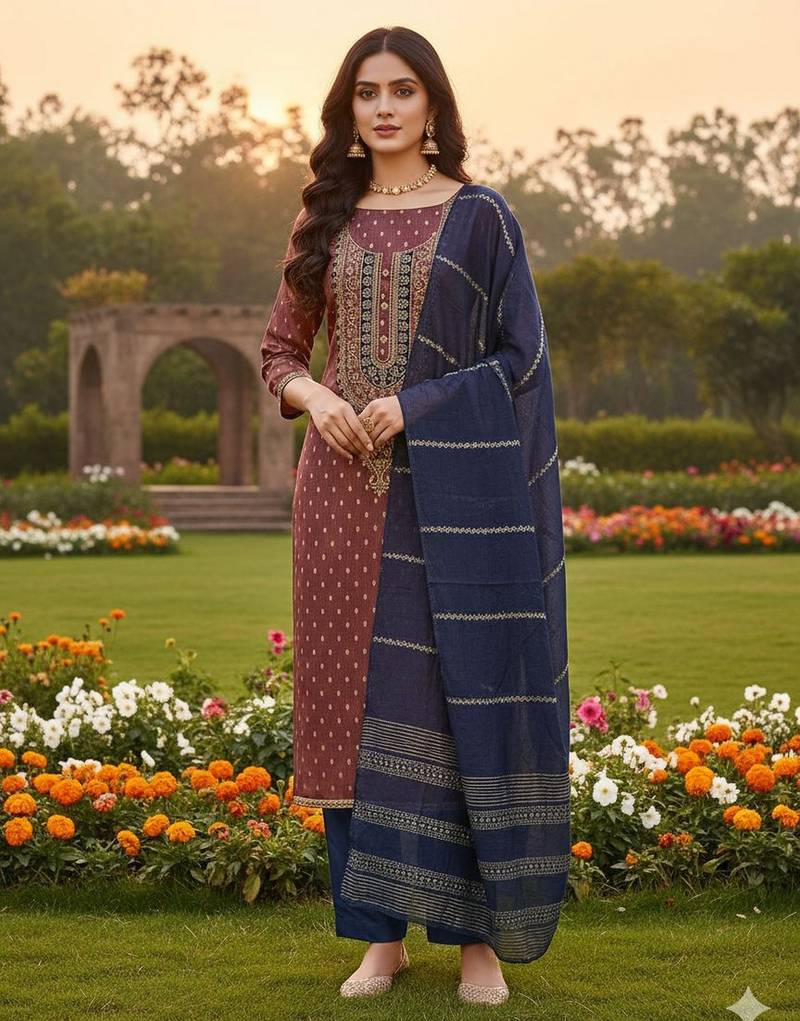 Coffee shimmer jacquard ethnic Readymade suit