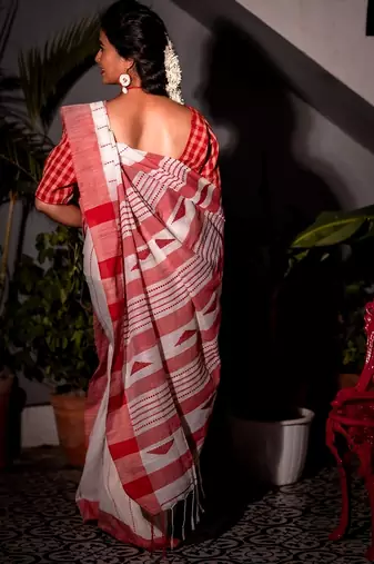 white hand woven cotton kantha work all seasons sarees