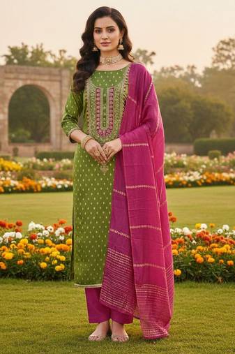 Green shimmer jacquard ethnic Readymade suit