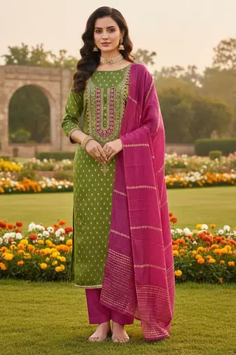 Green shimmer jacquard ethnic Readymade suit