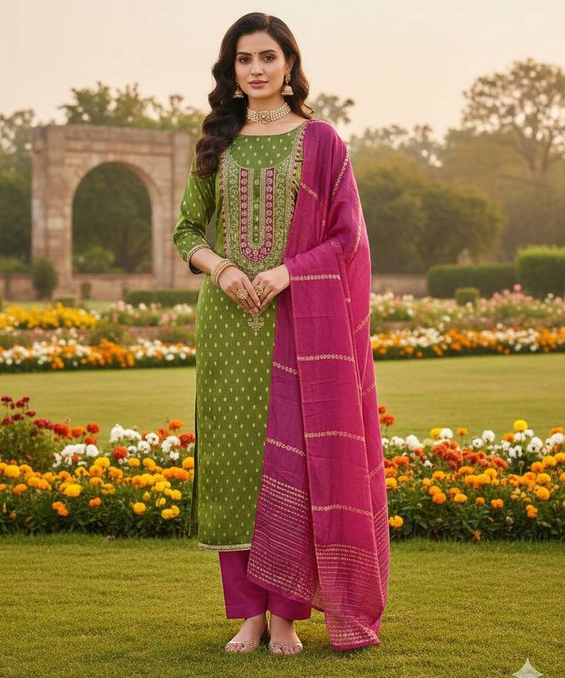 Green shimmer jacquard ethnic Readymade suit