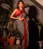 grey hand woven cotton kantha work all seasons sarees