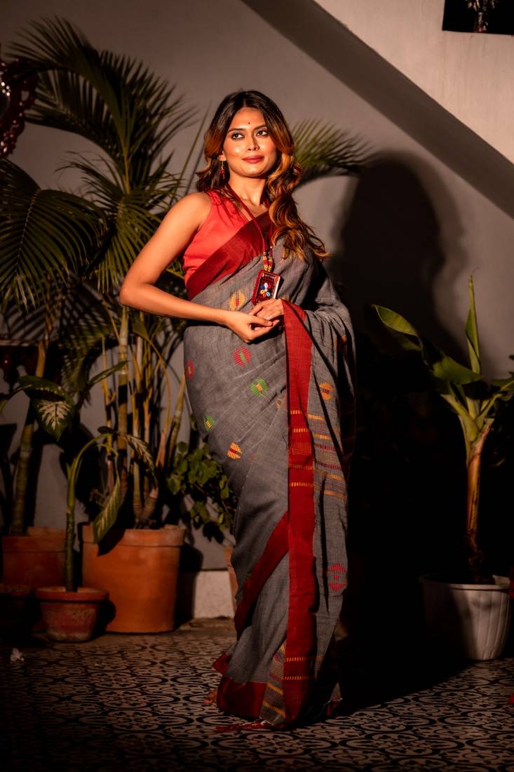 grey hand woven cotton kantha work all seasons sarees