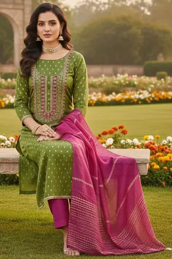 Green shimmer jacquard ethnic Readymade suit