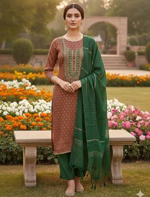Brown shimmer jacquard ethnic Readymade suit 1