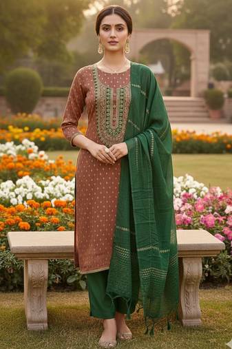 Brown shimmer jacquard ethnic Readymade suit