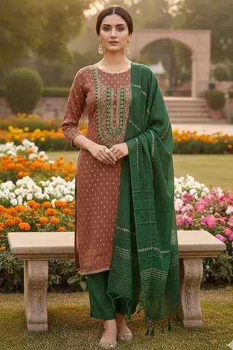 Brown shimmer jacquard ethnic Readymade suit